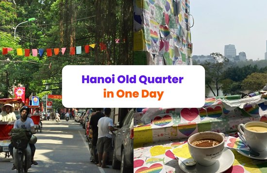 Hanoi Old Quarter street and coffee with city view collage