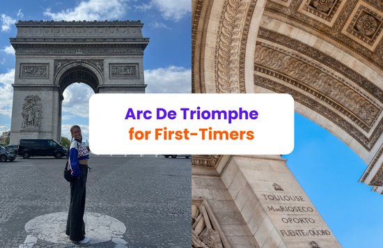 Traveler posing by the Arc de Triomphe in Paris under a bright blue sky