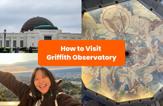 Collage of Griffith Observatory exterior, mural, and visitor enjoying the LA skyline