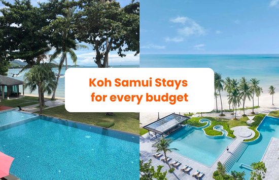 Split view of Koh Samui beachfront pools with text overlay “Koh Samui stays for every budget.”