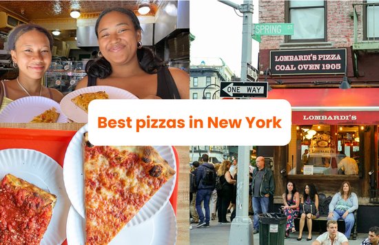 Collage featuring New York pizza slices, Lombardi’s storefront, and happy diners