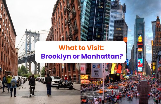 Split image of Brooklyn’s DUMBO and Manhattan’s Times Square for a travel comparison.
