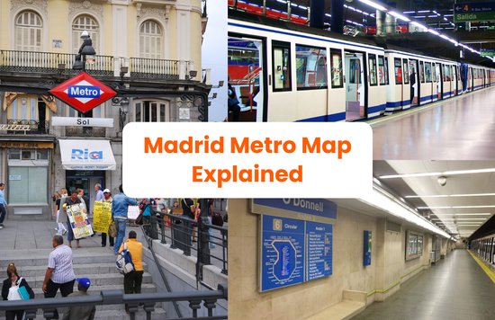 A collage featuring exterior and interior views of the Madrid Metro