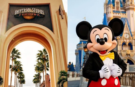 A collage featuring the archway entrance to Universal Studios Florida and Mickey Mouse in front of Disney World’s Cinderella Castle 