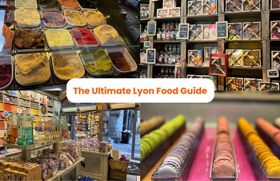 Collage of Lyon food, including gelato, chocolates, pastries, and local sweets