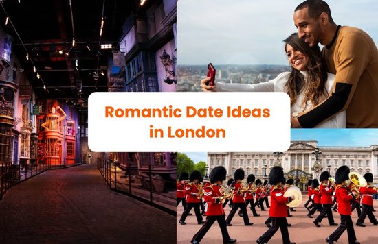 Collage of Harry Potter sets, city views, and the Changing of the Guard in London