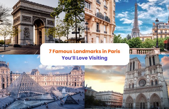 Collage of famous landmarks in Paris including Eiffel Tower, Louvre, Arc de Triomphe, and Notre-Dame