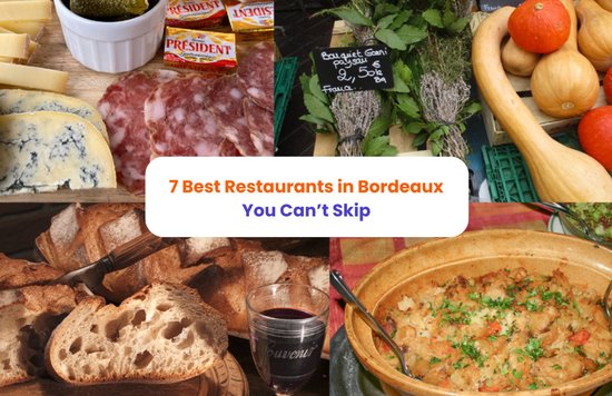 Collage of Bordeaux food, including bread, cheese, seafood, wine, and local dishes