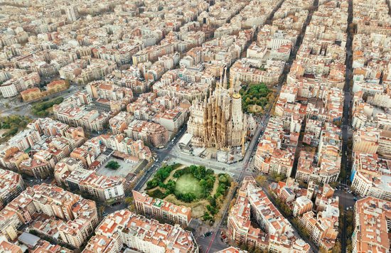 Aerial view of Barcelona Eixample district with Sagrada Família at center