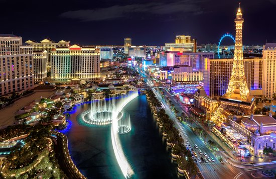 Aerial night view of the Las Vegas Strip with luxury resorts and Bellagio fountains