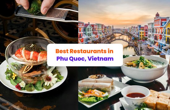 A collage picture of a fine dining dish, Grand World Phu Quoc, and classic Vietnamese dishes