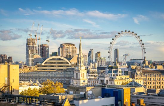 Panoramic view of London skyline featuring the London Eye and historic buildings