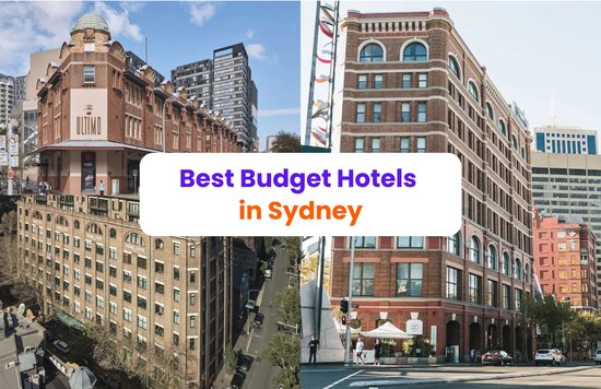 Collage of budget-friendly hotels in Sydney CBD and city streets