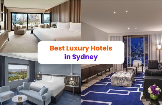 Collage of luxury hotels in Sydney with modern rooms and city views