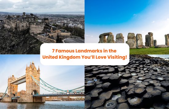 Collage of UK landmarks including castles, bridges, palaces, and Stonehenge