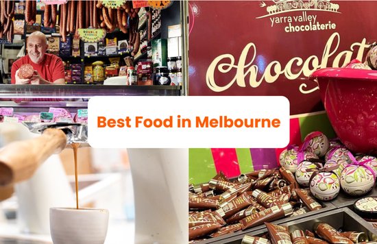 Collage of Melbourne food including coffee, markets, sweets, and local specialties