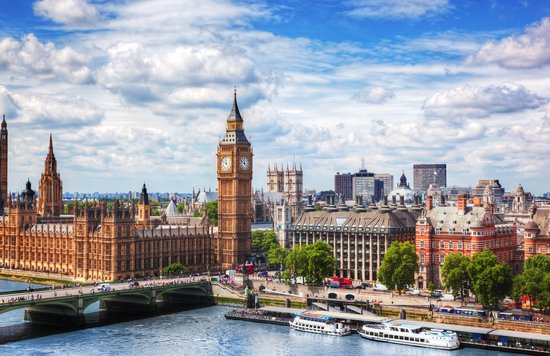 London city skyline featuring Big Ben, Westminster, and the River Thames