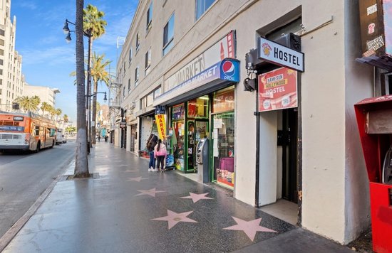 Samesun Hollywood hostel entrance along the Hollywood Walk of Fame in Los Angeles