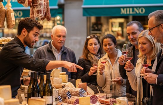 Travelers sampling cheese and wine on a guided food tour in Milan