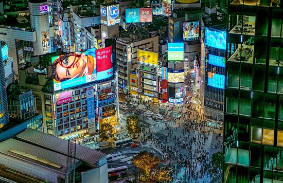Aerial view of the Shibuya crossing at night