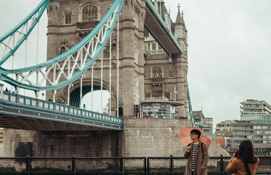 A couple taking photos in front of Tower Bridge