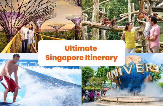 A four-panel travel collage titled "Ultimate Singapore Itinerary" featuring a couple at the Supertree Grove, a family at the orangutan exhibit, a man surfing at a waterpark, and the iconic Universal Studios globe.