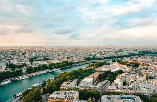 Panoramic views of Paris and the Seine River.