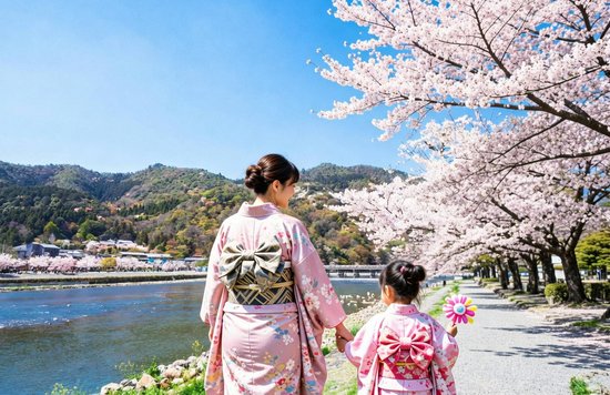 Mother and child in kimono walking under cherry blossoms in Japan during spring
