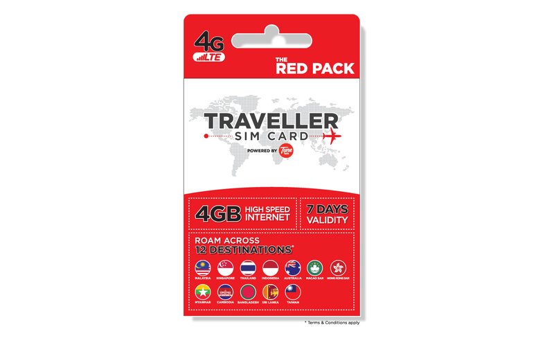 [Red Pack] 4G SIM Card (MY Airport Pick Up) for 12 Asia Countries by Tune Talk