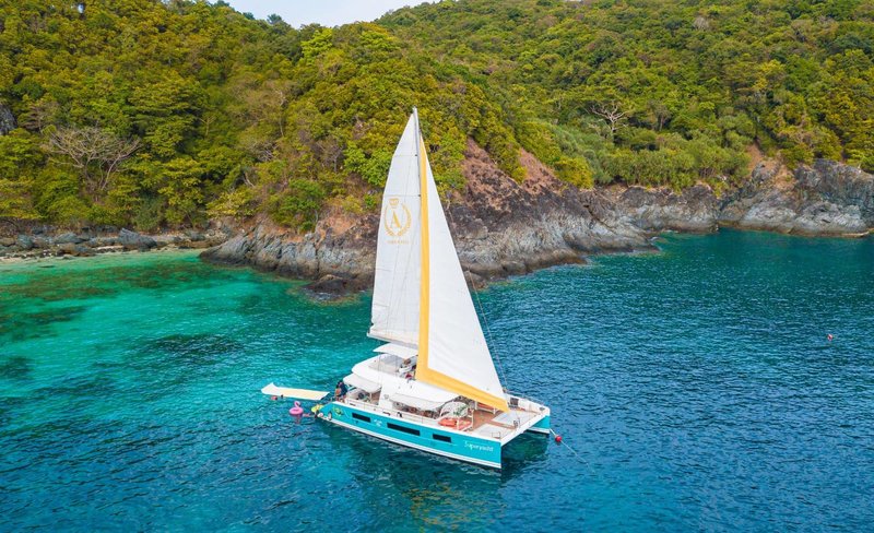 From Phuket: Coral Island, Promthep Cape, Laem Krating Sunset Tour by Luxury Sailing Catamaran