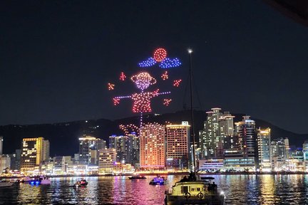 Recorrido nocturno en yate por Busan con espectáculo de luces de drones Gwangalli