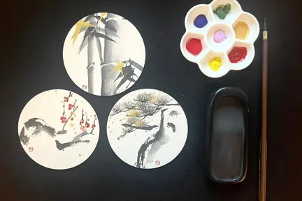 Sumi-e (Ink Painting) Experience in green tea shop, Tsukiji, Tokyo