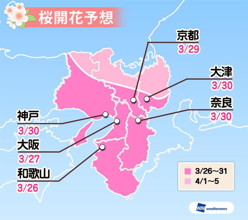 日本關西地區花開預測(照片來源:日本Weathernews官網) https://weathernews.jp/s/topics/201801/170105/