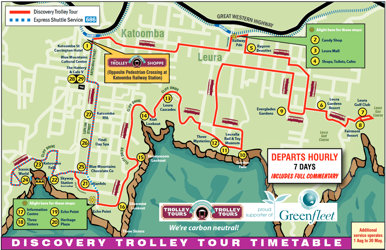 Trolley Bus路線圖 http://bluemountainsattractions.com.au/tour/blue-mountains-trolley-tours/ Trolley Bus路線圖 http://bluemountainsattractions.com.au/tour/blue-mountains-trolley-tours/