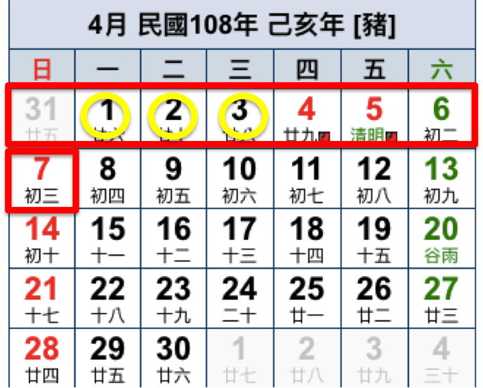 2019請假攻略 四月