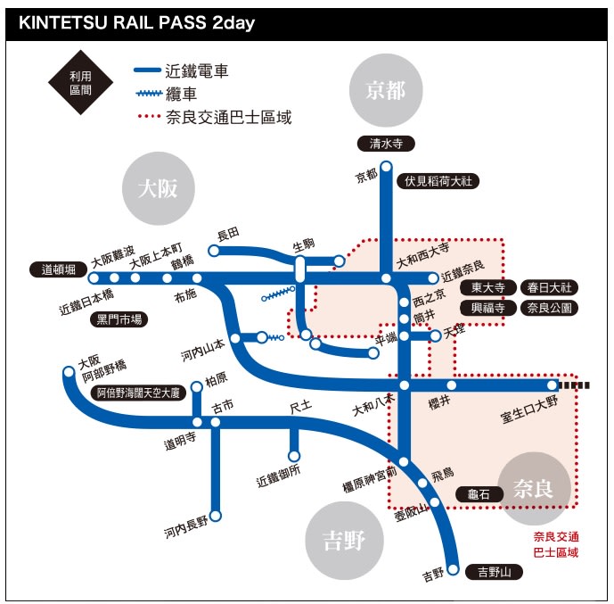 KINTETSU RAIL PASS 2day使用範圍/來源:https://goo.gl/bTMHfb KINTETSU RAIL PASS 2day使用範圍/來源:https://goo.gl/bTMHfb
