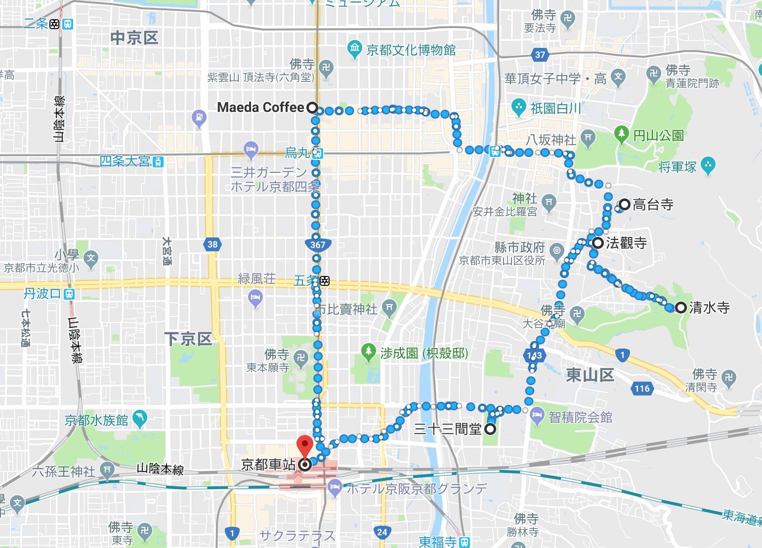 京都地圖，擷取自Google Map。