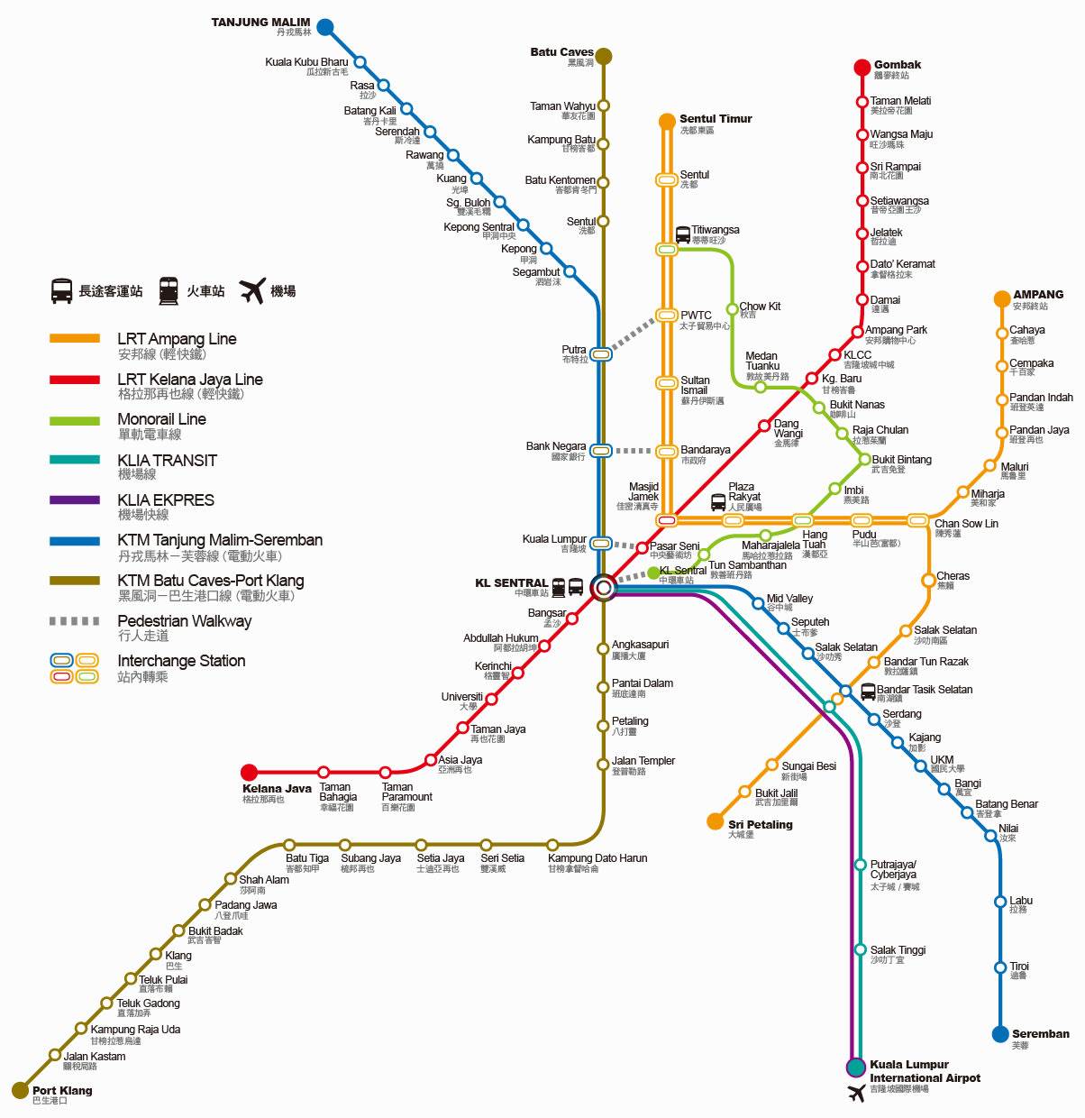 吉隆坡市區網路圖。來源:http://www.mytravel.com.my/map/kl-transit-map。 吉隆坡市區網路圖。來源:http://www.mytravel.com.my/map/kl-transit-map。
