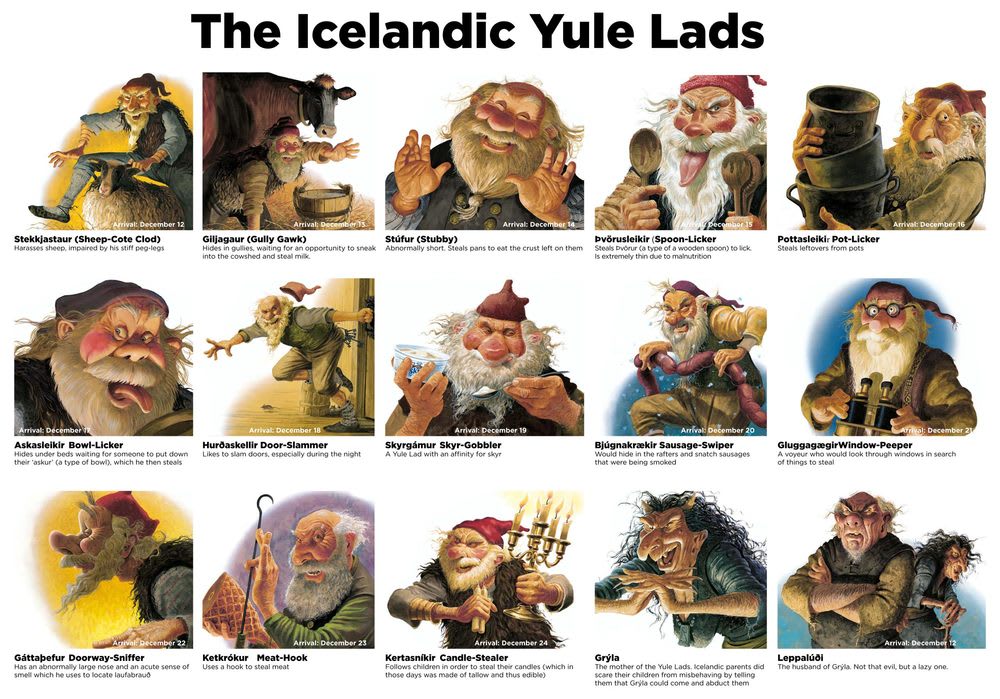 當地傳說有13個冰島版的聖誕老人Yule Lads,形象顛覆以往的慈祥和藹,是調皮奸詐又鬼靈精怪,圖片取自www.christopherhallart.com。 當地傳說有13個冰島版的聖誕老人Yule Lads,形象顛覆以往的慈祥和藹,是調皮奸詐又鬼靈精怪,圖片取自www.christopherhallart.com。