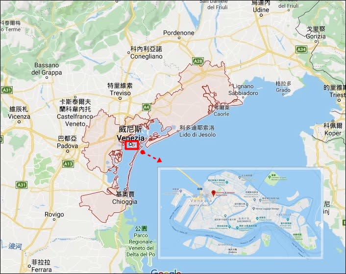 ▲ 威尼斯省範圍廣大,一般旅遊所稱的威尼斯係指威尼斯潟湖淺灘之上的威尼斯城。 威尼斯位置圖