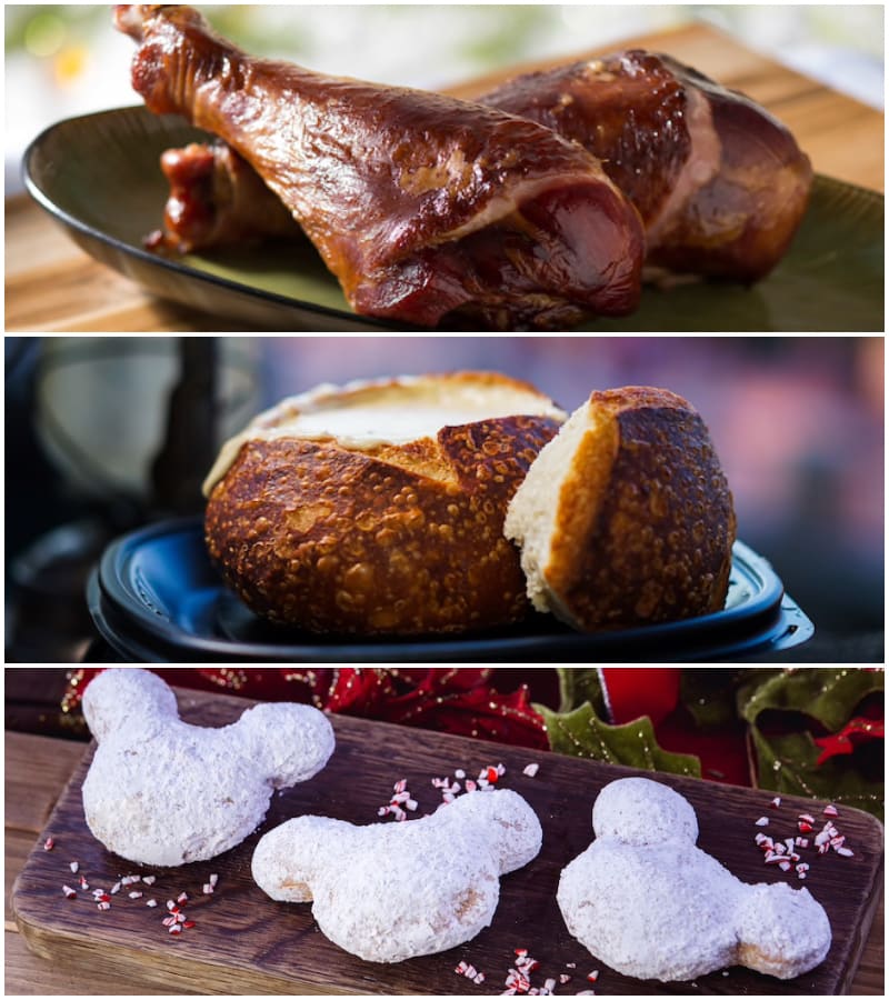 由上至下為煙燻火雞腿「Turkey Leg」、蛤蜊濃湯麵包盅「Clam Chowder in a Sourdough Bread Bowl」、南瓜甜甜圈「PumpkinMickeyBeignets」。(圖片取自美國迪士尼樂園官網) 由上至下為煙燻火雞腿「Turkey Leg」、蛤蜊濃湯麵包盅「Clam Chowder in a Sourdough Bread Bowl」、南瓜甜甜圈「PumpkinMickeyBeignets」。(圖片取自美國迪士尼樂園官網)
