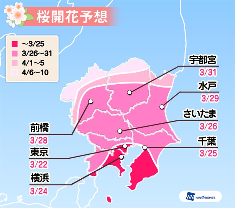 関東の開花予想(照片來源:日本Weathernews官網)https://goo.gl/bTdMrT