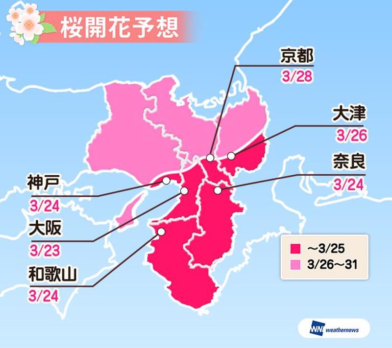 近畿地區地區櫻花開花預測（圖片來源：Weather Map官網）https://bit.ly/2QZYQDm