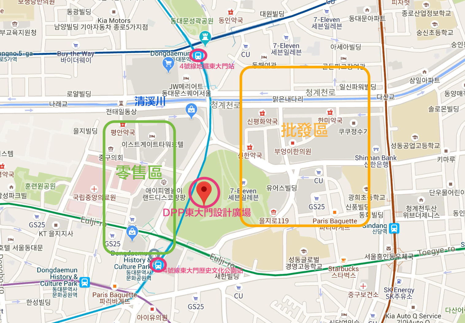 東大門商場解析:批發商場與零售區怎麼分?圖片擷取自google map。 東大門商場解析:批發商場與零售區怎麼分?圖片擷取自google map。