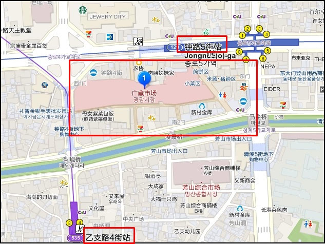 ▲ 廣藏市場地圖-地鐵站位置(圖片來源:韓巢地圖) 廣藏市場地圖