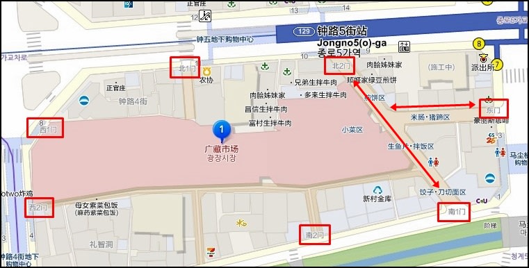 ▲ 廣藏市場地圖-市場出入口位置(圖片來源:韓巢地圖) 廣藏市場地圖
