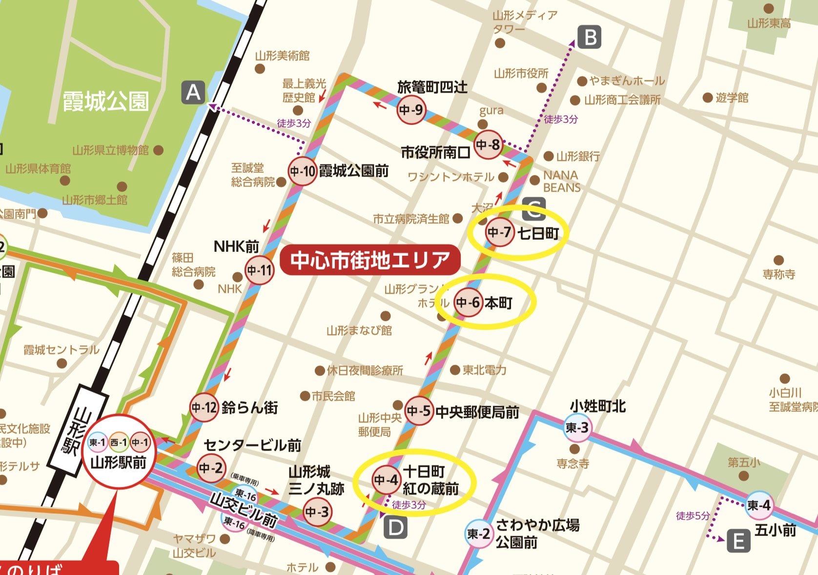 山形花笠祭可從以上幾個地點做為起點觀賞,都是小紅巴士有到達的站。