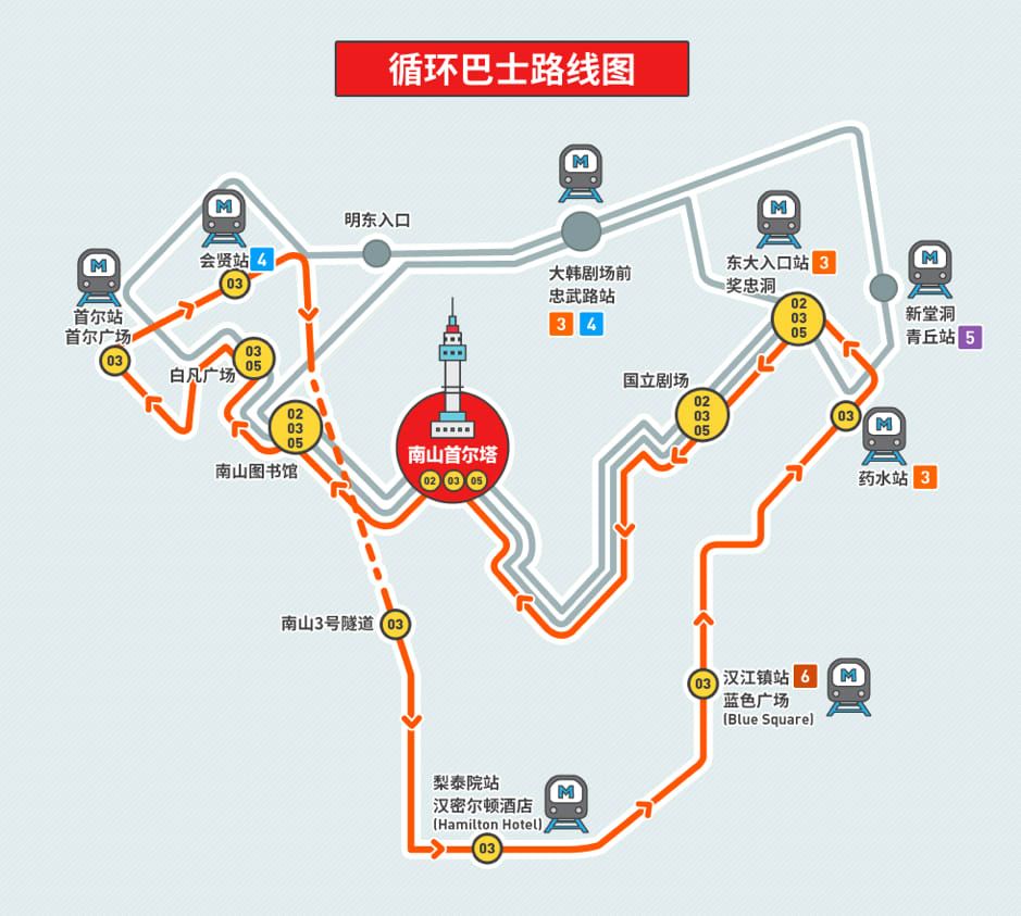 前往 首爾塔 巴士路線