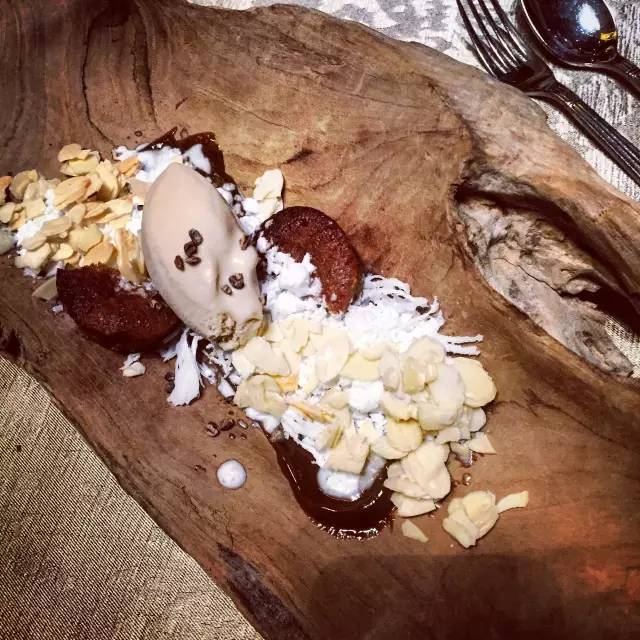 Banana Cake with roasted almond, salted ice-cream and caramelised milk