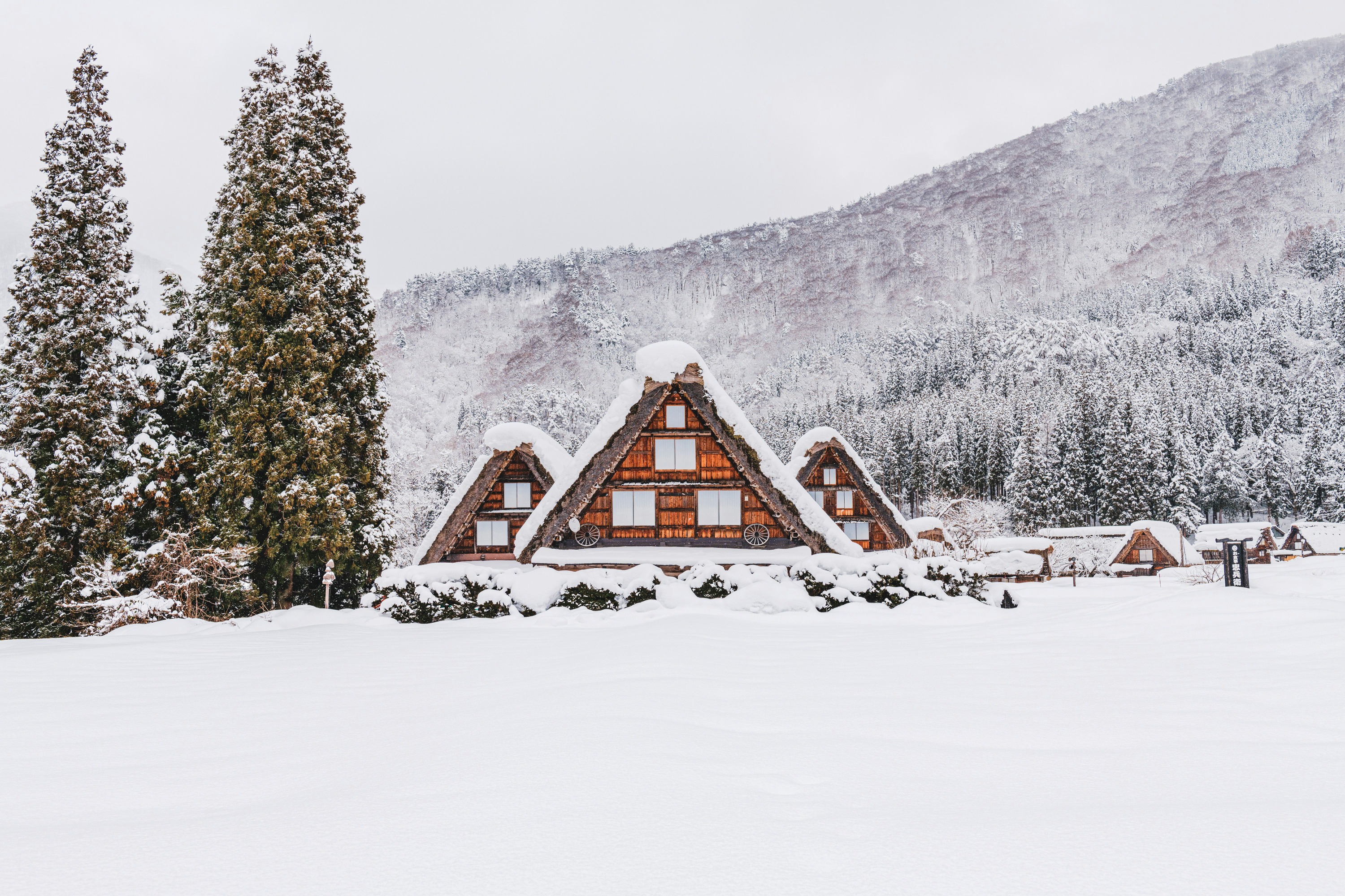 A serene winter landscape featuring three traditional Japanese Gassho-zukuri farmhouses with their distinctive steep, thatched roofs heavily covered in fresh white snow in Shirakawa-go. The windows of the central and largest farmhouse, as well as the two smaller ones flanking it, are illuminated with a warm, glowing yellow light, suggesting coziness within the snowy environment.